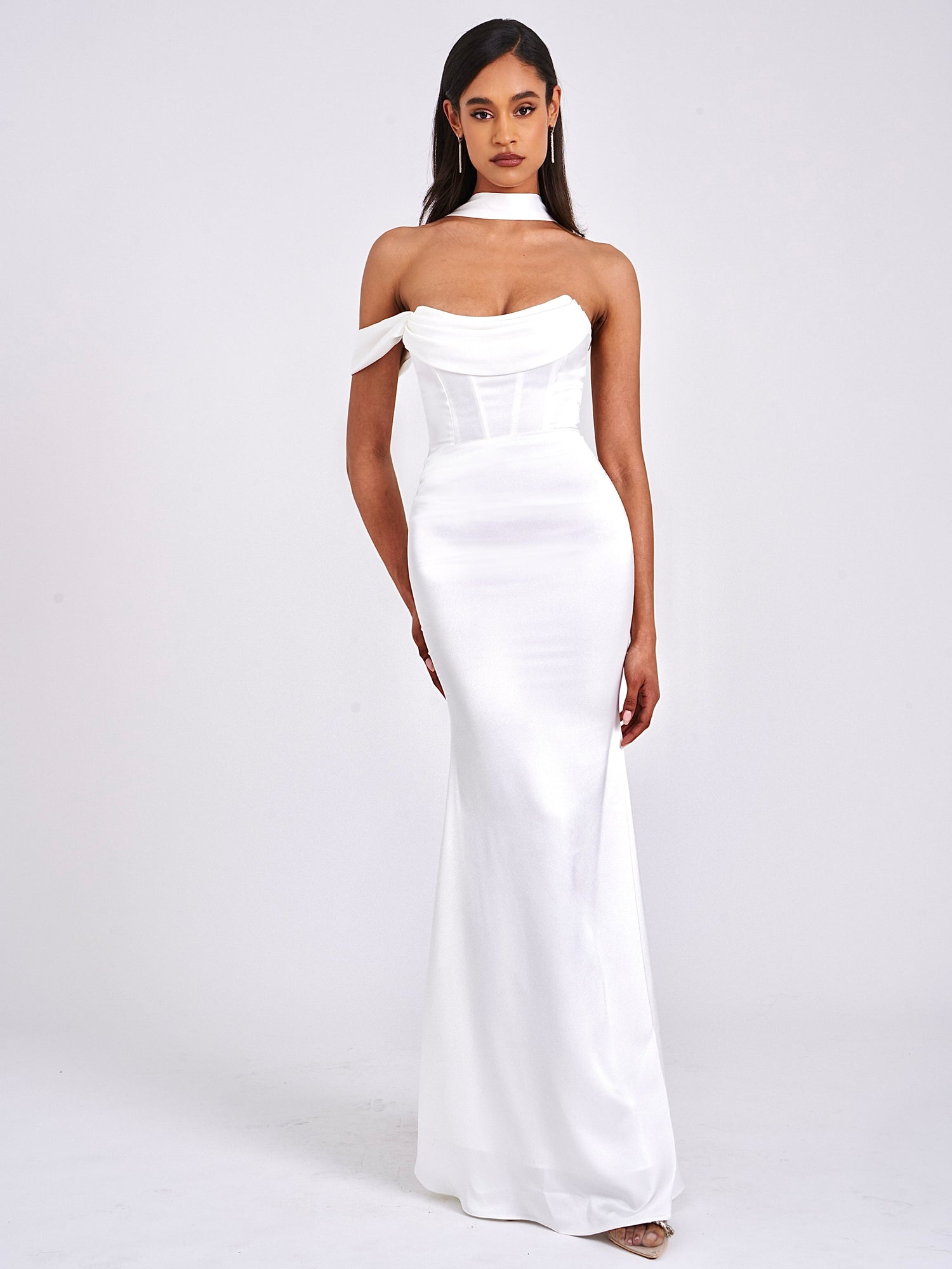 Ivona Halter Neck Double Duchess Satin Gown | White