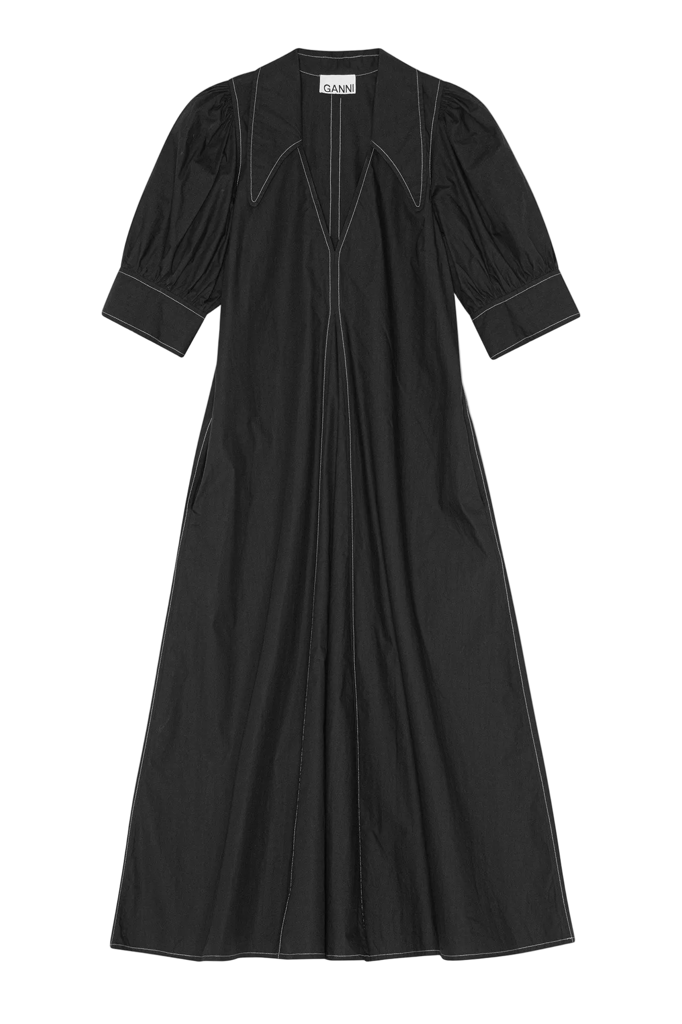 Cotton Poplin V-Neck Midi Dress | Black