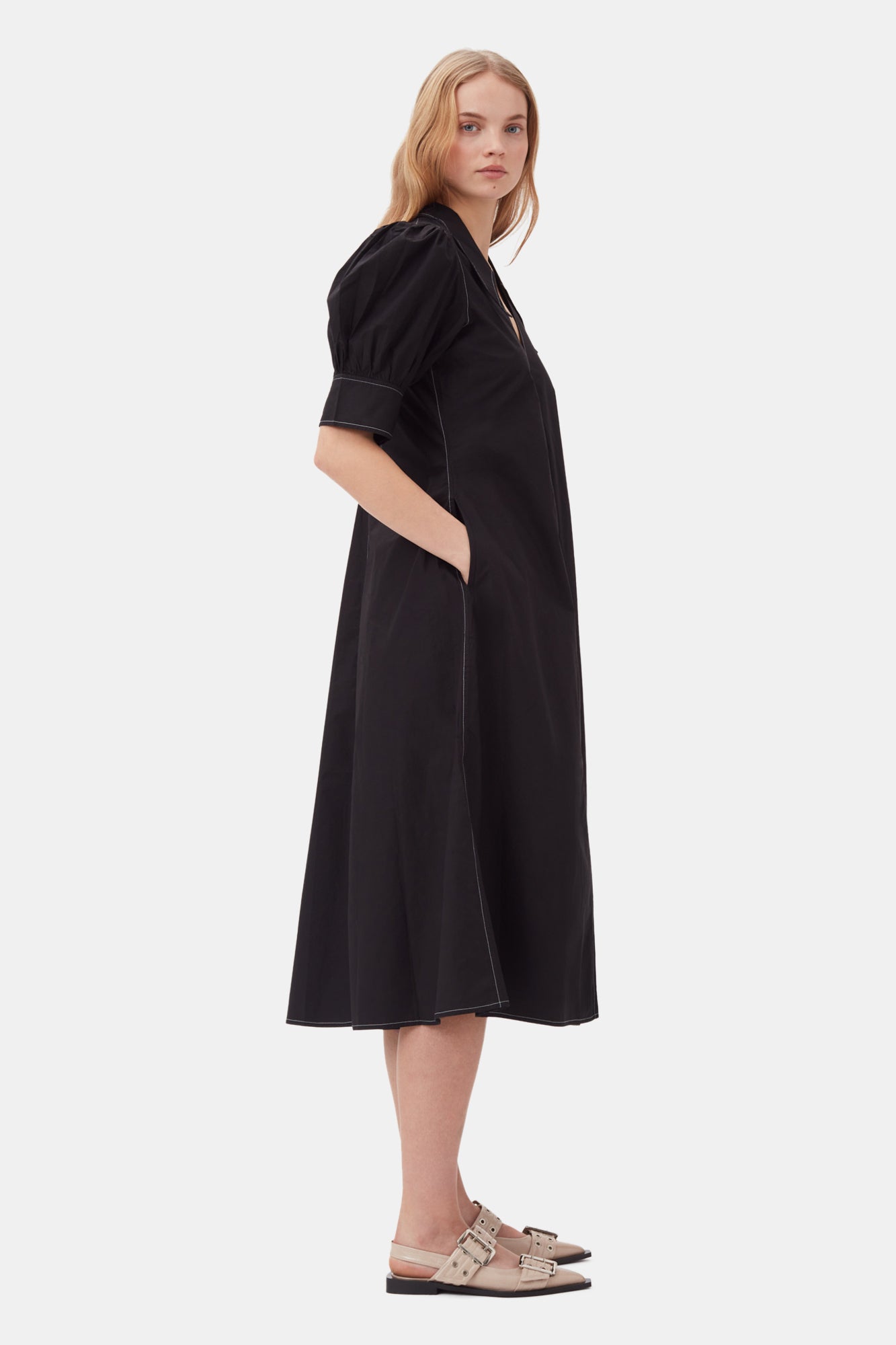 Cotton Poplin V-Neck Midi Dress | Black