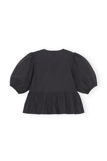 Cotton Poplin Peplum Tie Blouse | Black