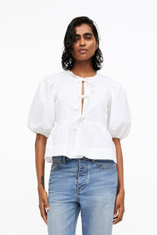 Cotton Poplin Peplum Tie Blouse | Bright White
