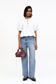 Cotton Poplin Peplum Tie Blouse | Bright White