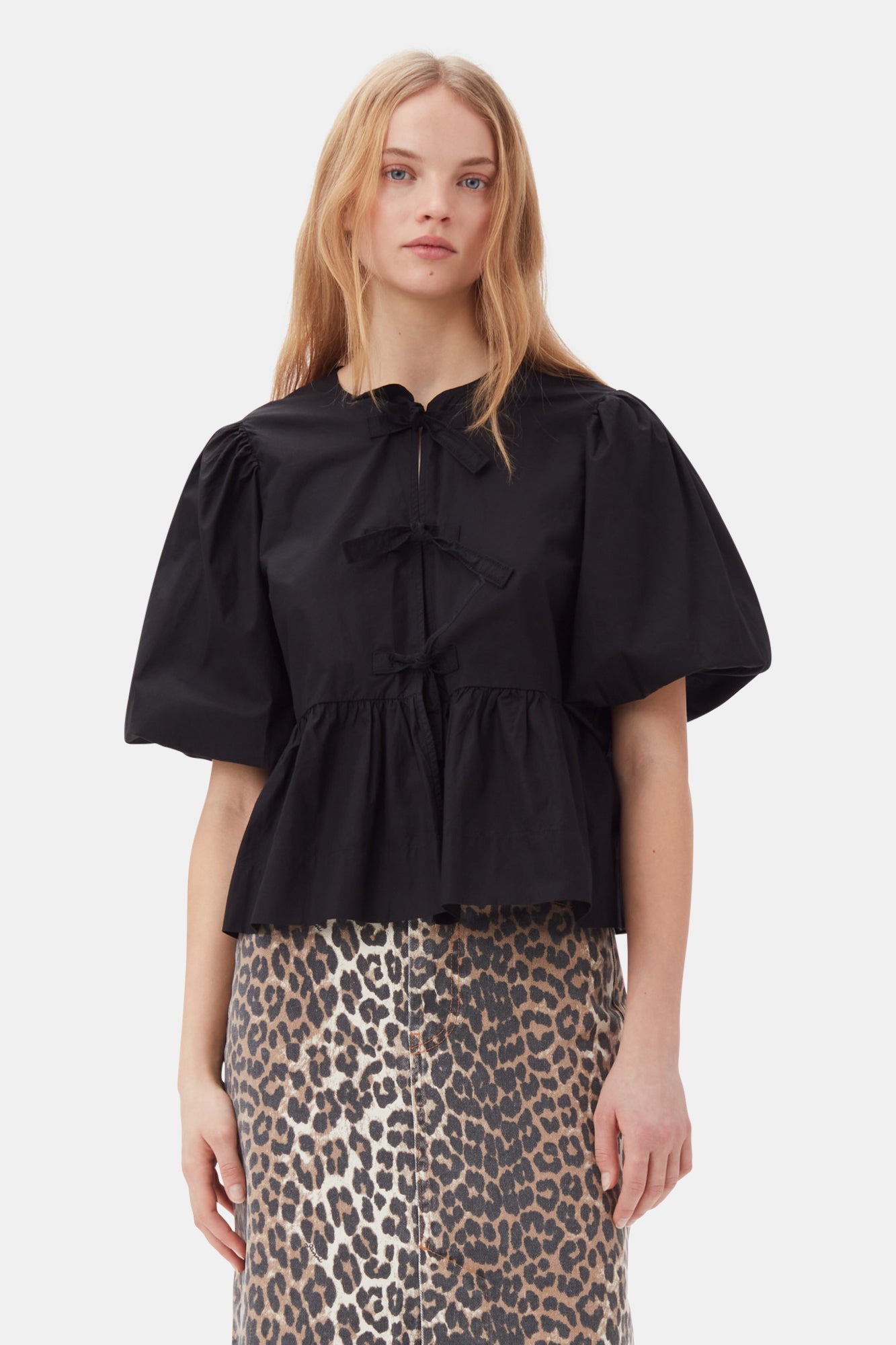 Cotton Poplin Peplum Tie Blouse | Black