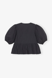 Cotton Poplin Peplum Tie Blouse | Black