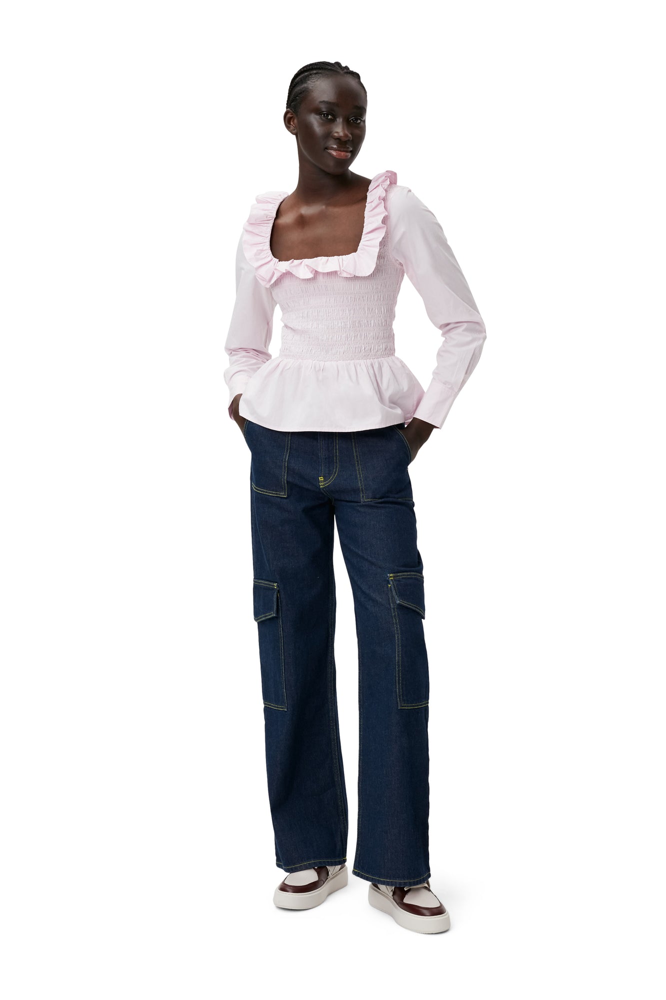 Cotton Poplin Open-neck Smock Blouse | Light Lilac