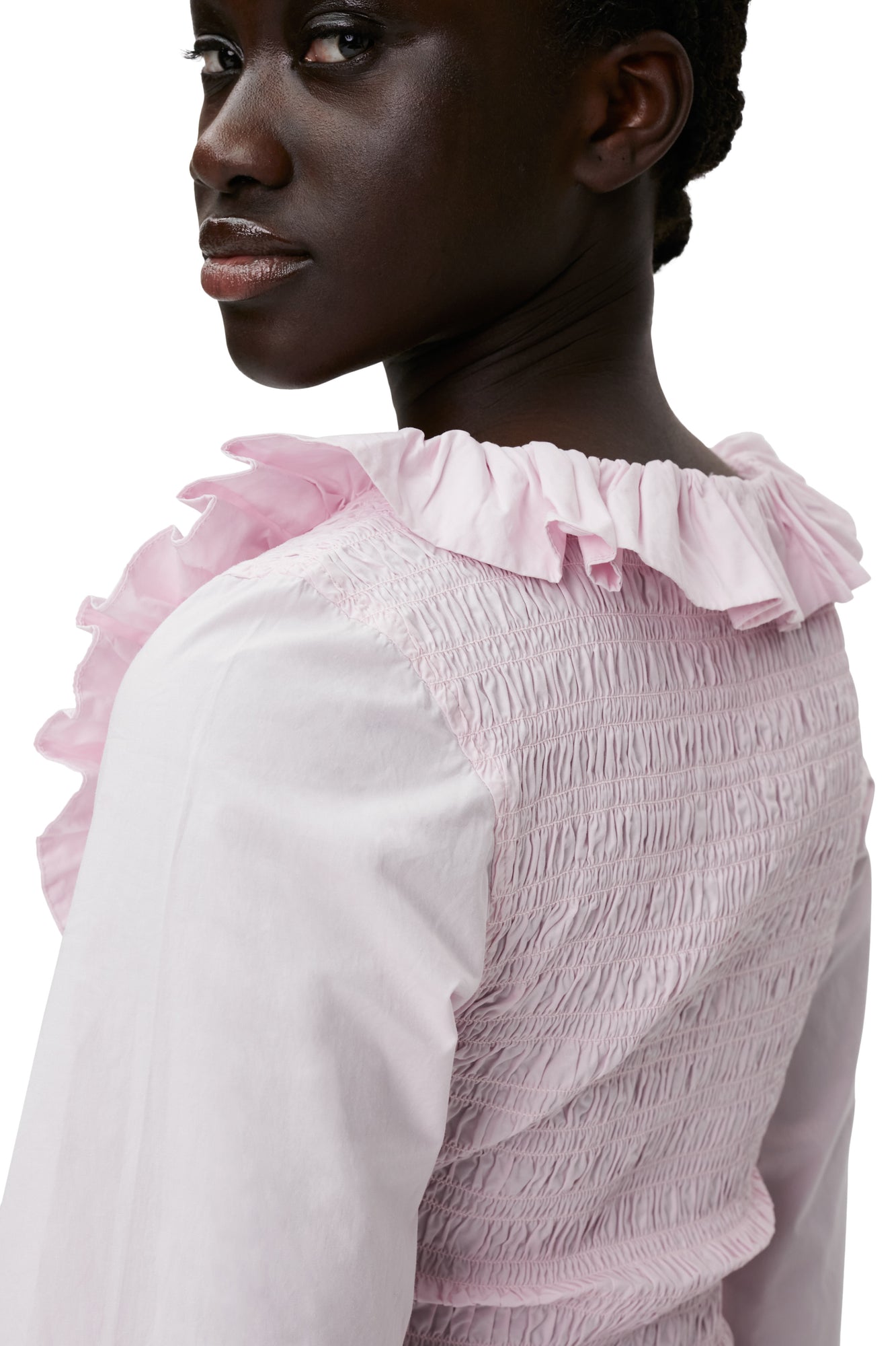 Cotton Poplin Open-neck Smock Blouse | Light Lilac