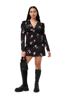 Crinkled Satin V-Neck Mini Dress | Black