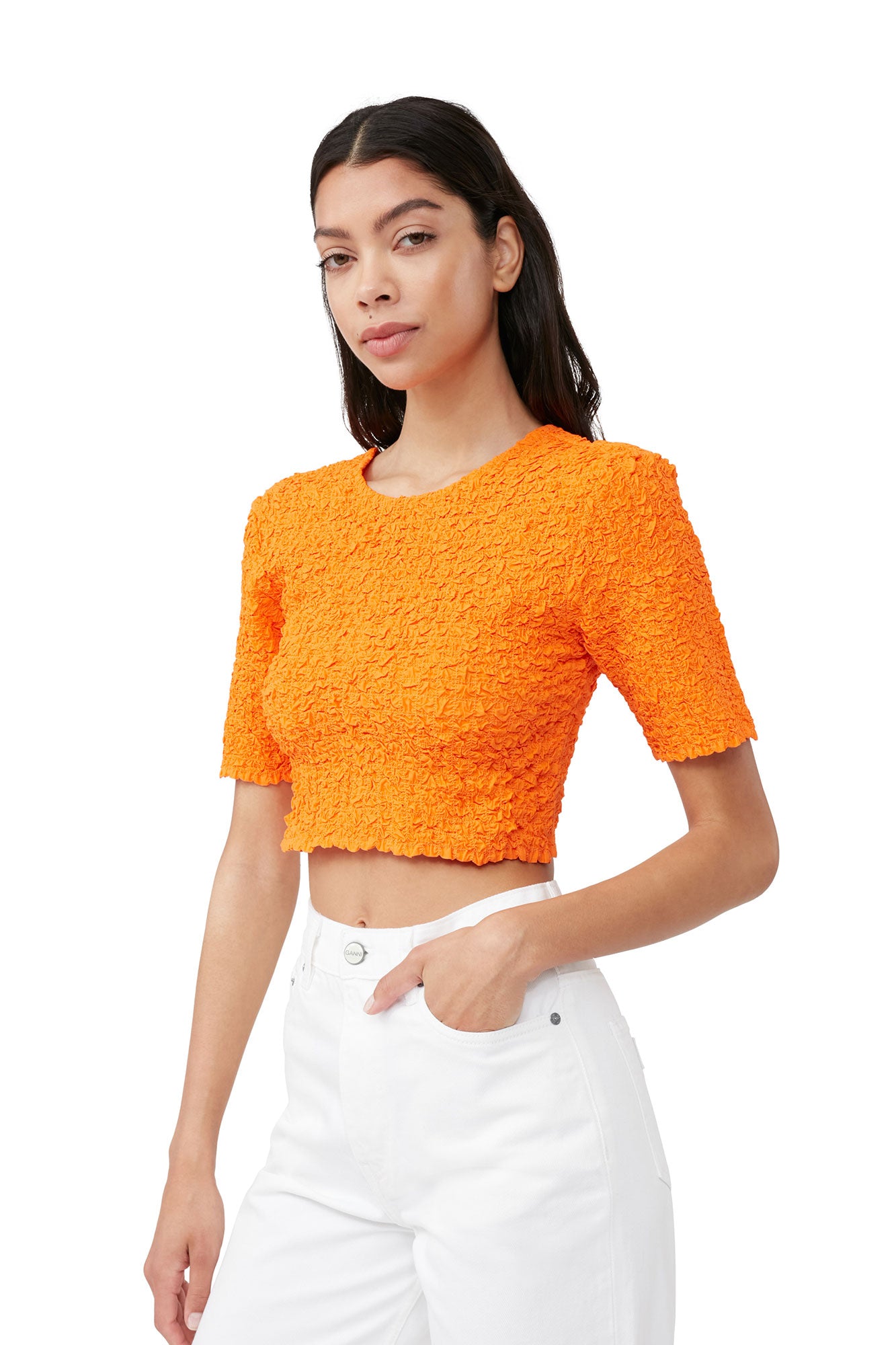 Cotton Poplin O-neck Cropped Smock Top | Vibrant Orange