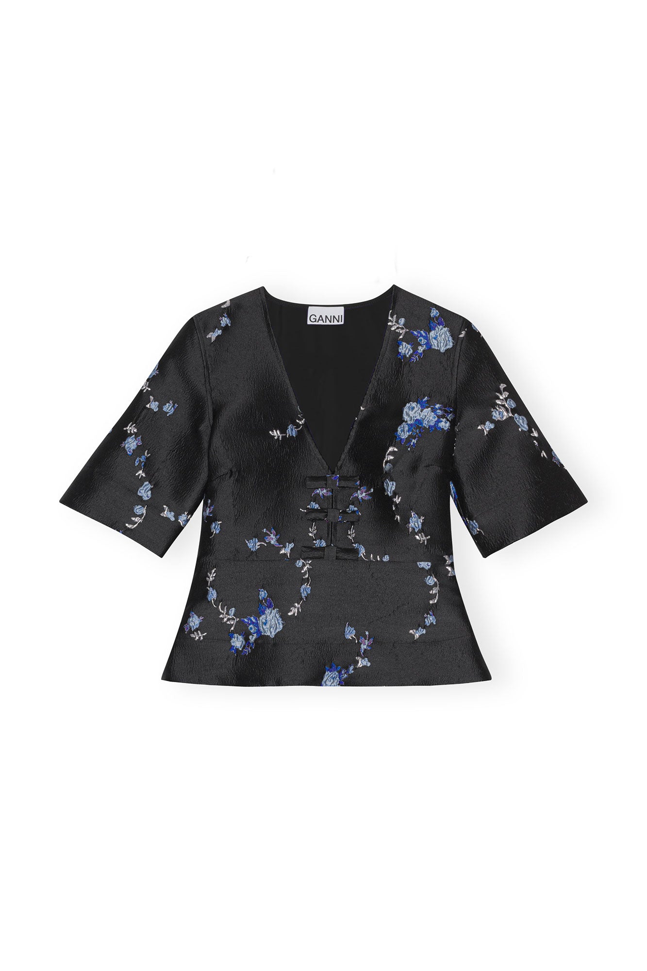 3D Jacquard V-Neck Blouse | Black/Blue