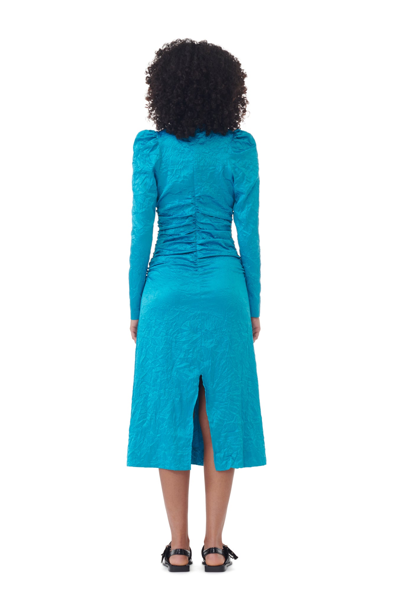 Crinkled Satin O-Neck Midi Dress | Algiers Blue