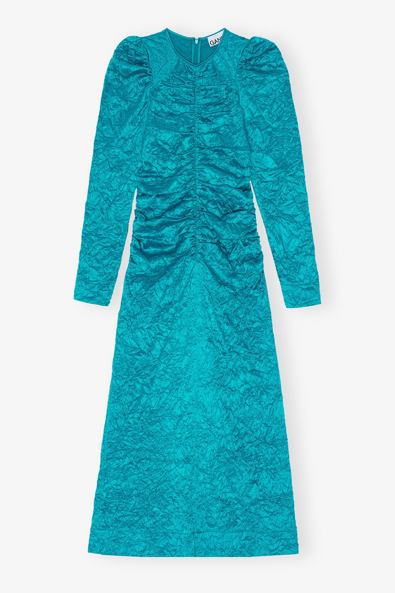 Crinkled Satin O-Neck Midi Dress | Algiers Blue