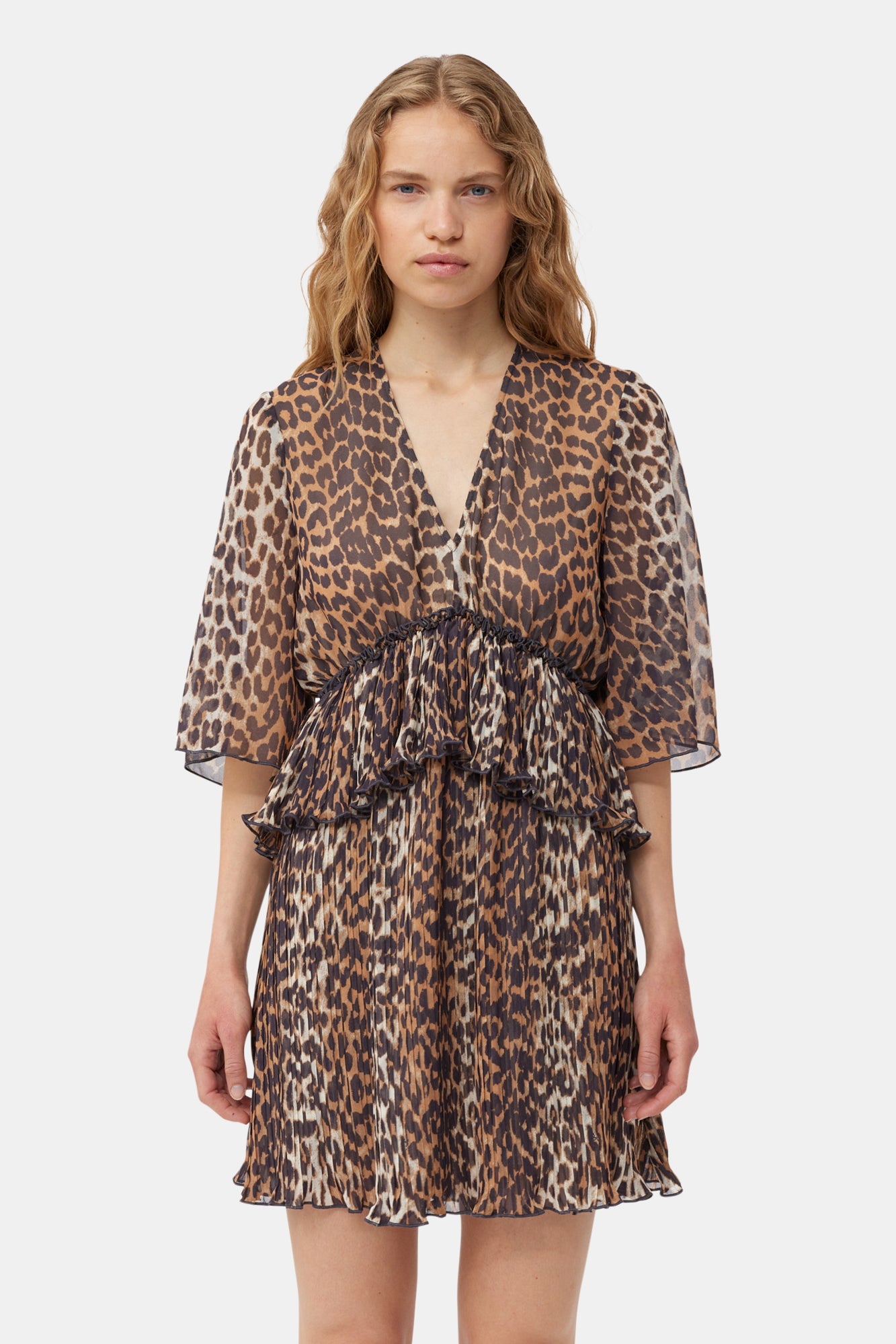 Leopard Pleated Georgette V-Neck Flounce Mini Dress | Almond Milk
