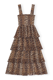 Leopard Pleated Georgette Flounce Smock Midi Dress | Almond Milk