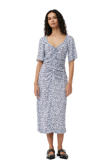 Printed Crepe Gathered U-neck Midi Dress | Heather