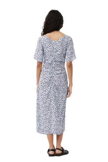 Printed Crepe Gathered U-neck Midi Dress | Heather