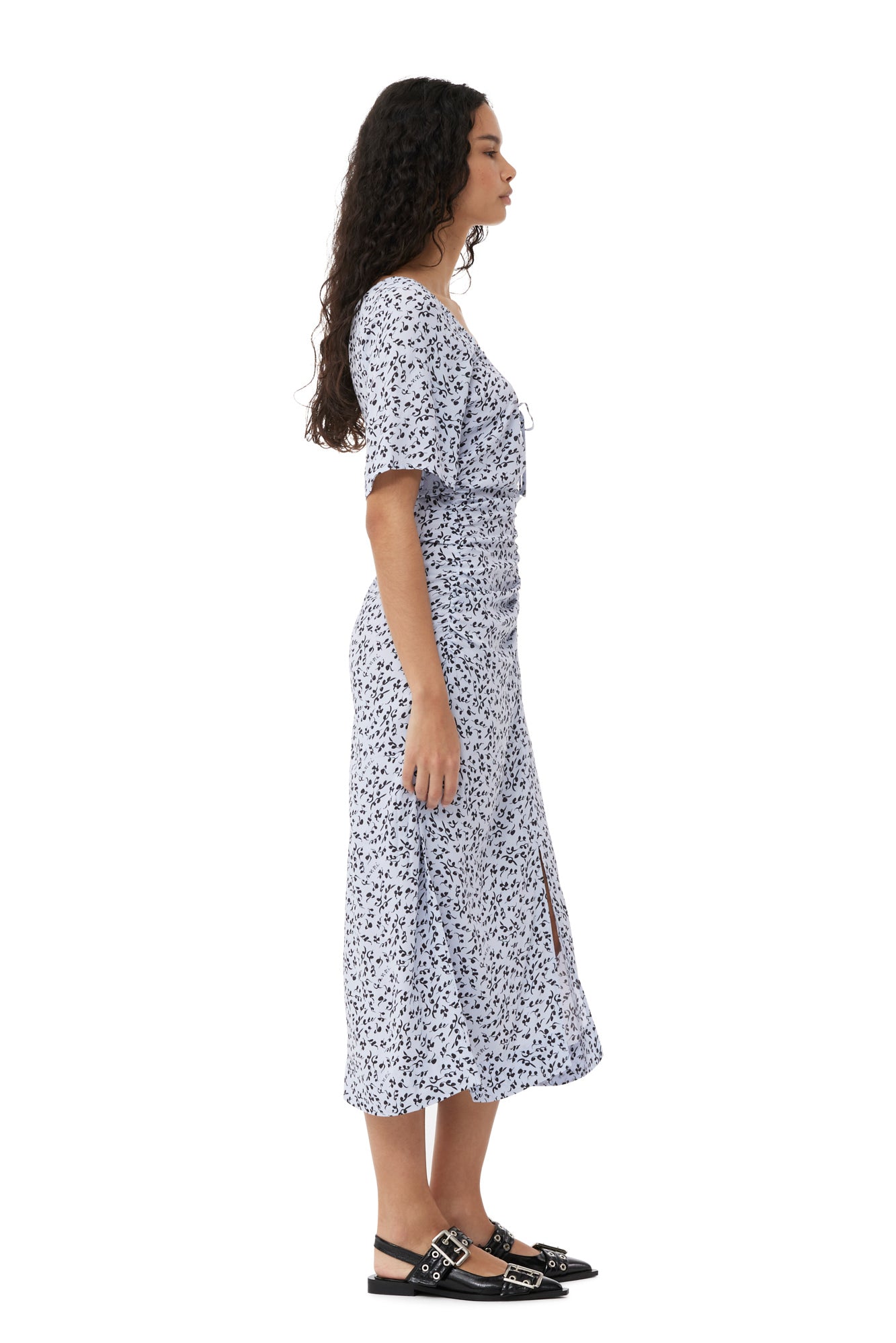 Printed Crepe Gathered U-neck Midi Dress | Heather