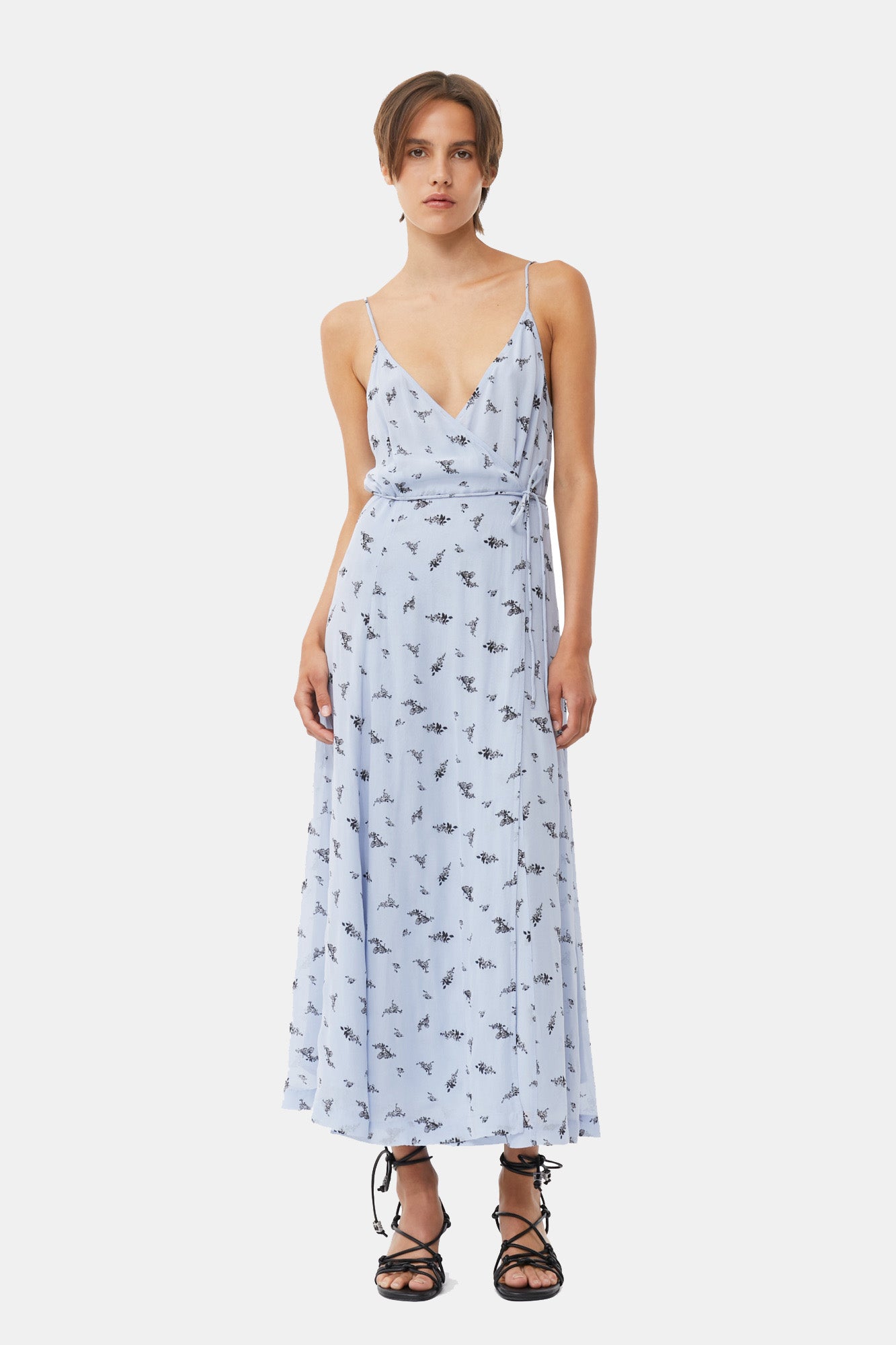 Printed Georgette Strap Wrap Dress | Brunnera Blue