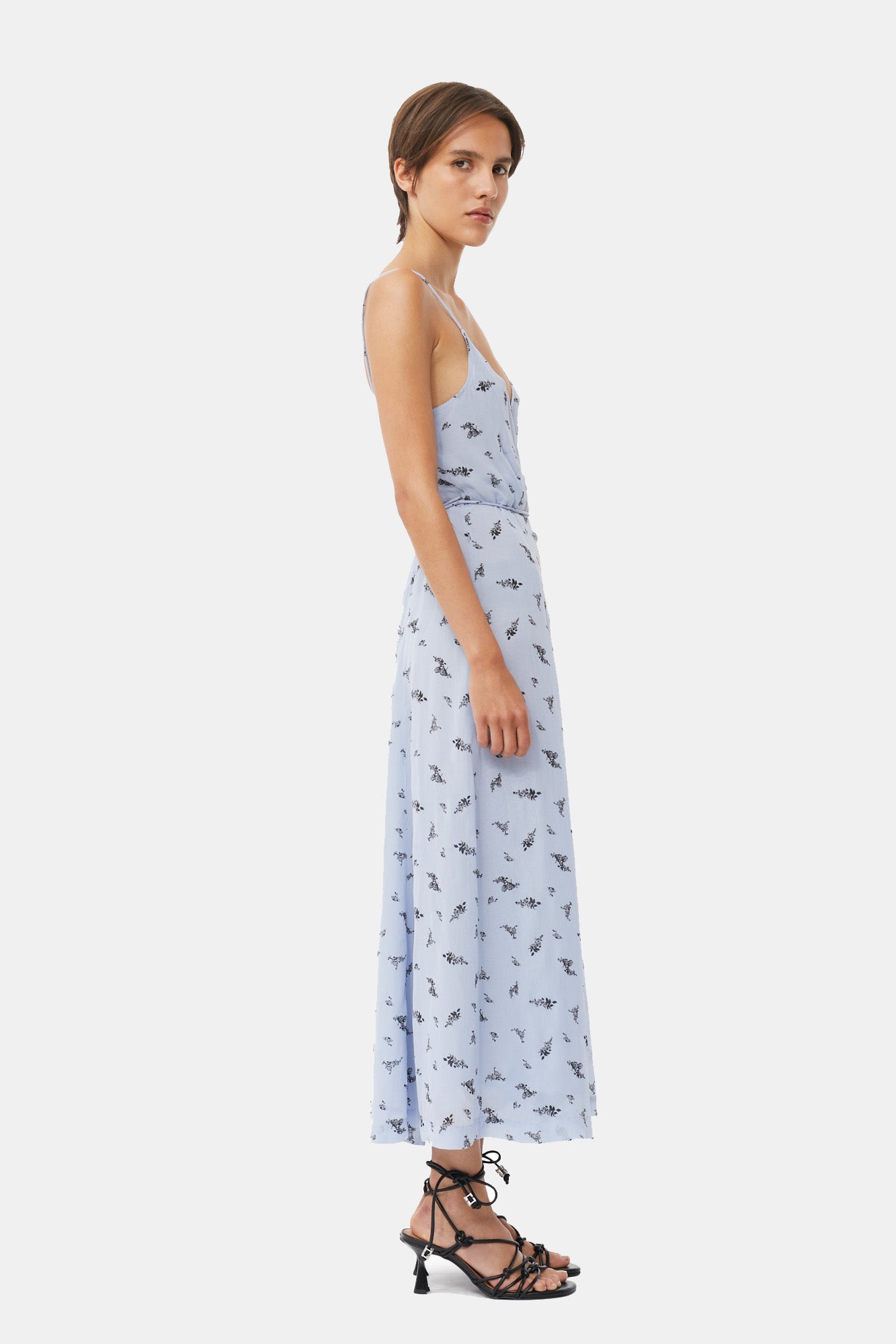 Printed Georgette Strap Wrap Dress | Brunnera Blue