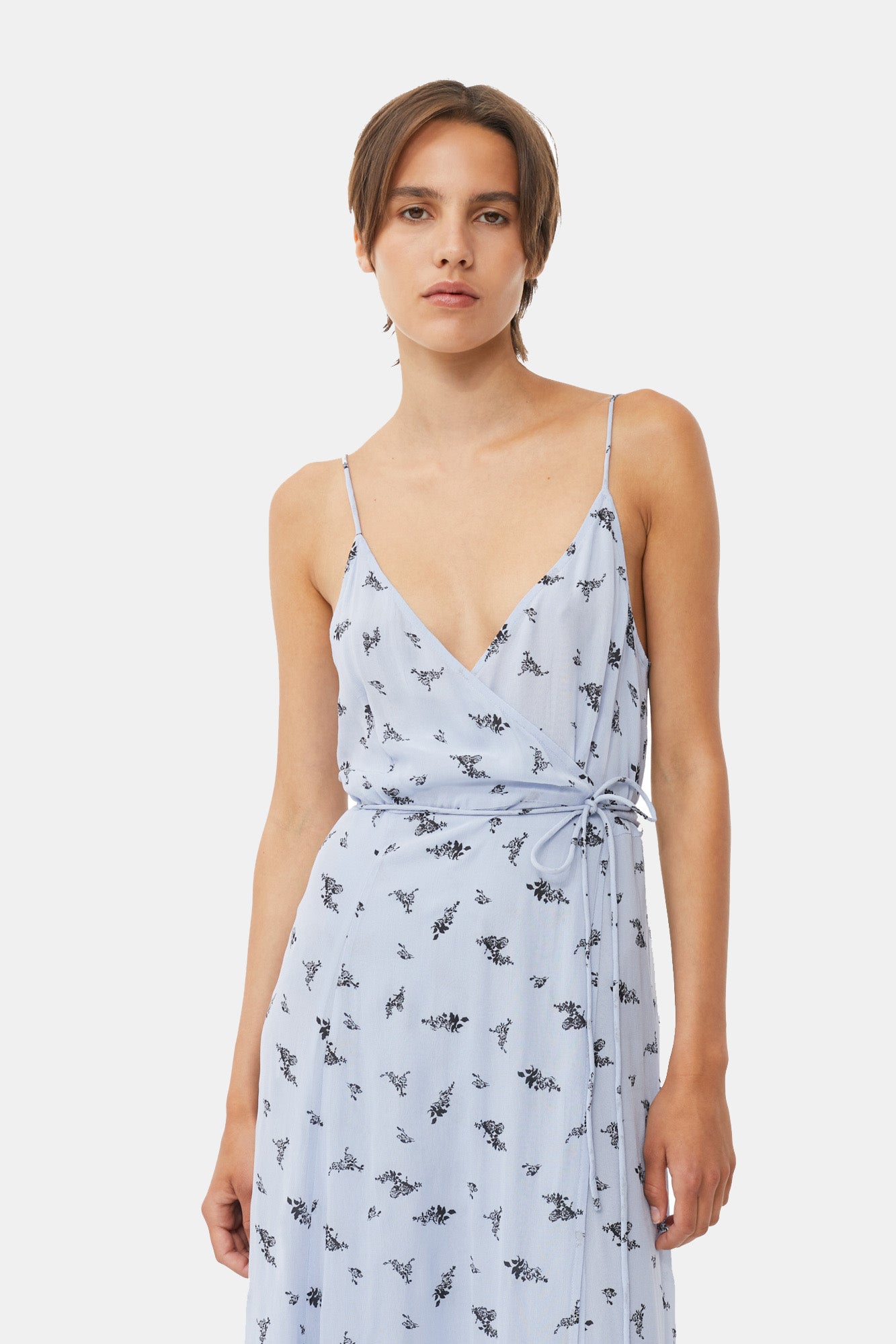 Printed Georgette Strap Wrap Dress | Brunnera Blue