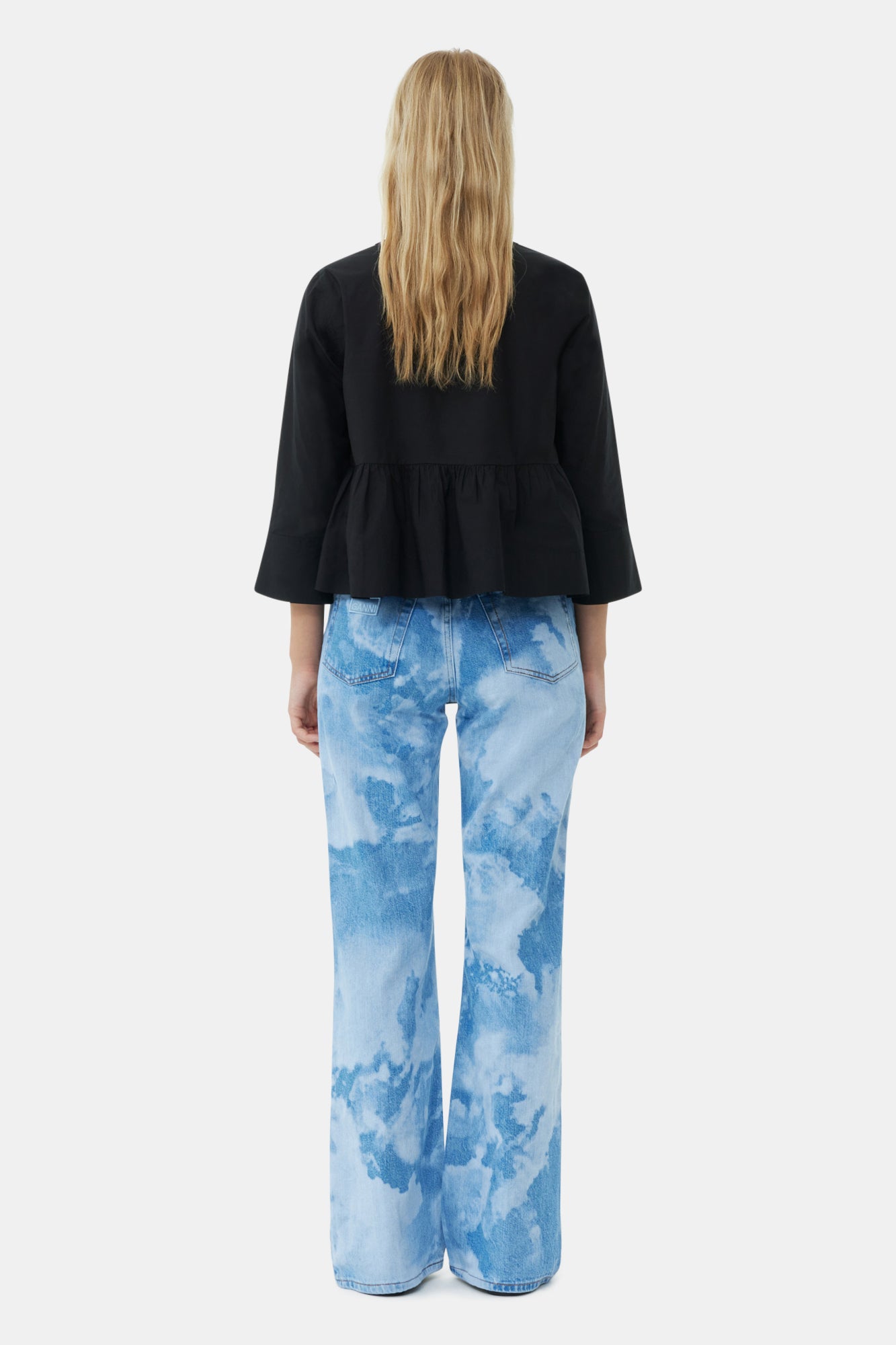 Cotton Poplin Round Neck Tie String Peplum Blouse | Black