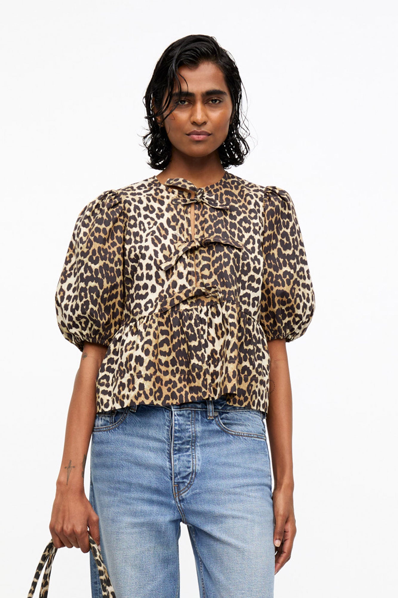Cotton Poplin Peplum Tie Blouse | Leopard