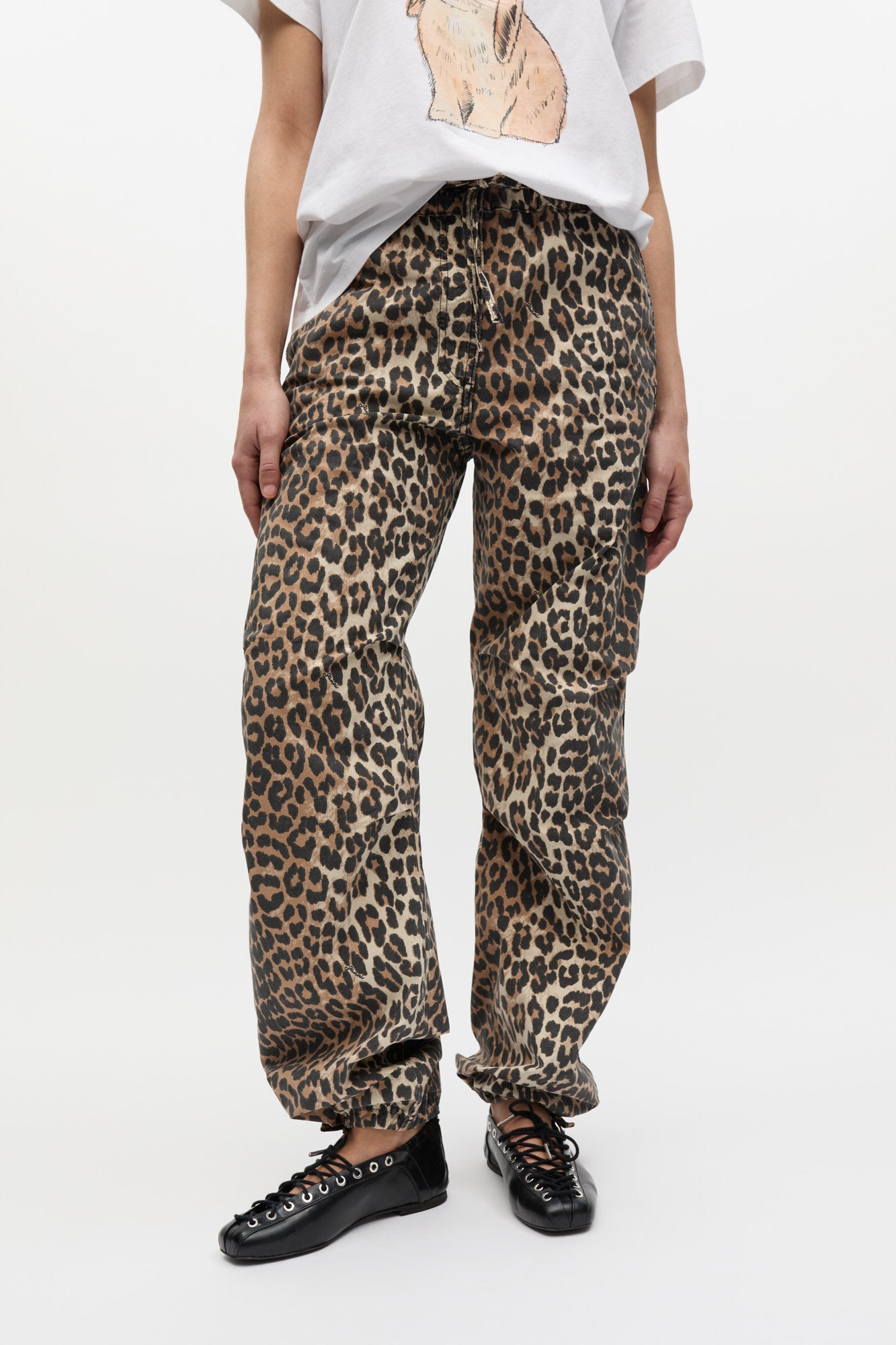 Leopard Washed Cotton Canvas Drawstring Trousers | Almond Milk