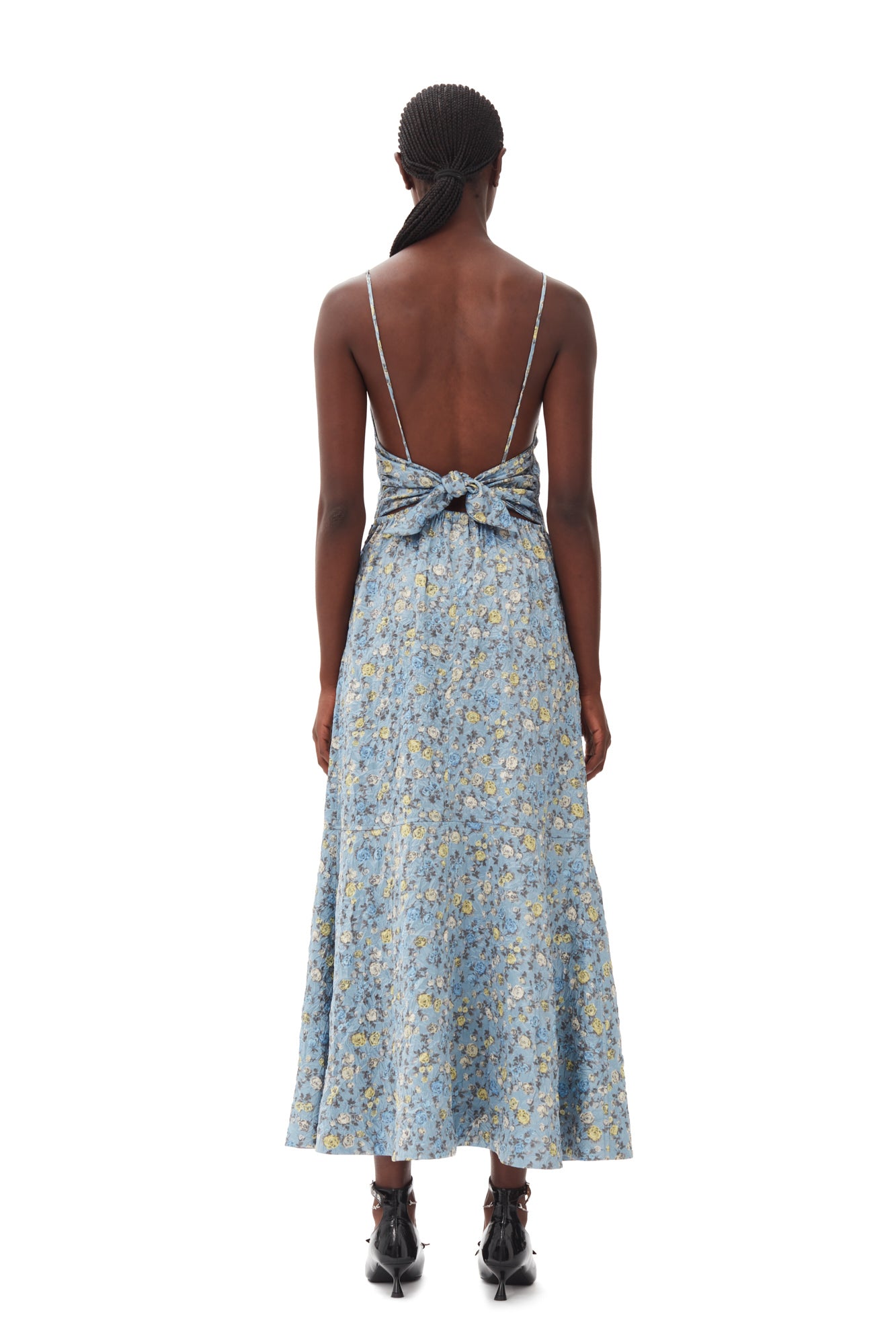 Crinkled Satin Open Back Long Slip Dress | Dusty Blue