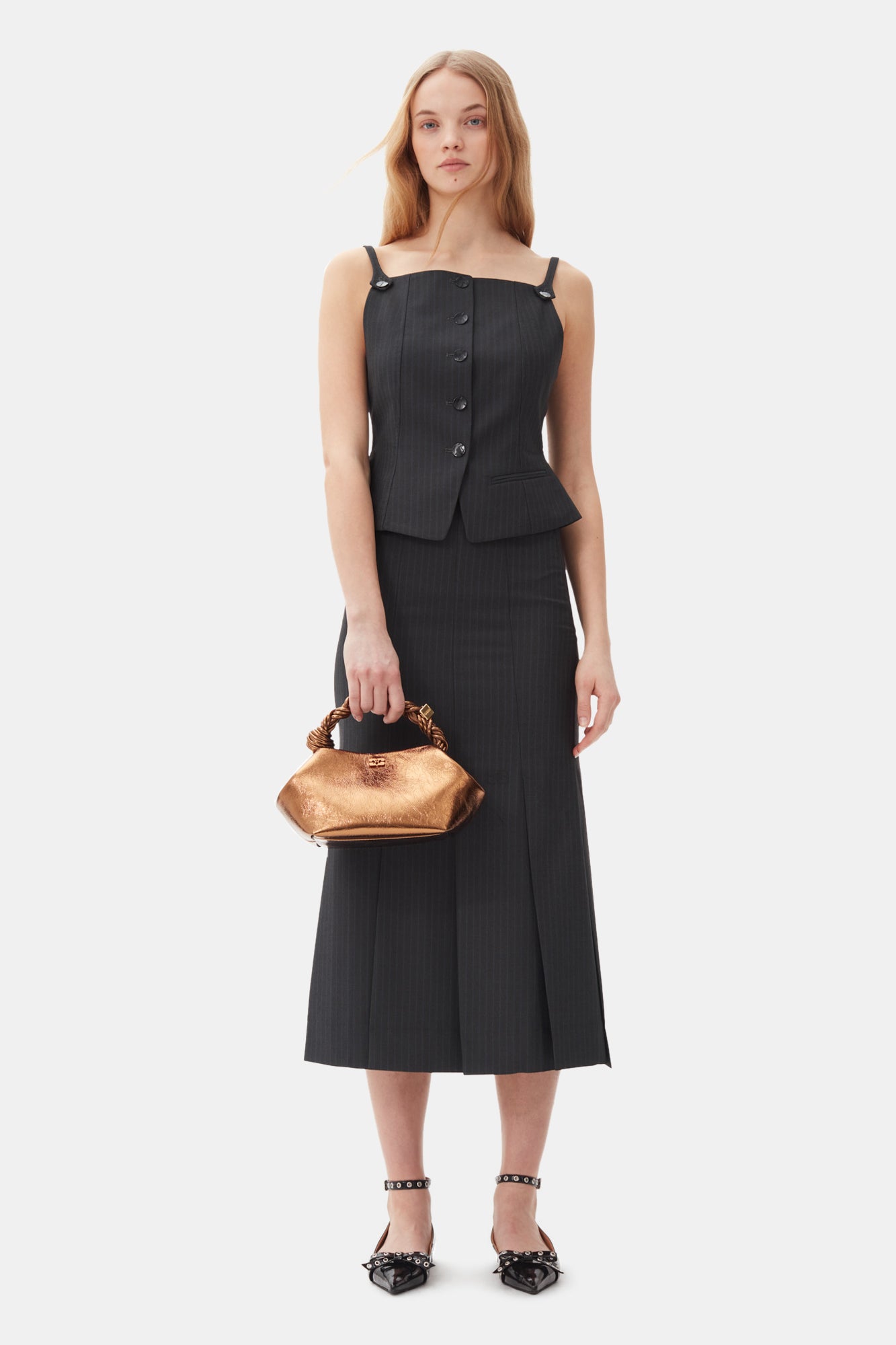 Stripe Suiting Midi Skirt | Phantom