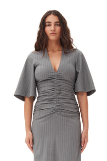 Stripe Suiting V-neck Fitted Dress | Mirage Gray