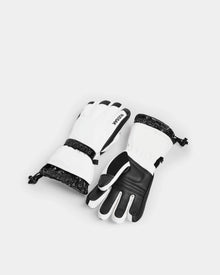 The Rudsak APLEN - 6424505 Optic White ski gloves feature black and white insulation, waterproof zippers, and adjustable wrist straps. Shown on a white background with one glove palm up and the other palm down.