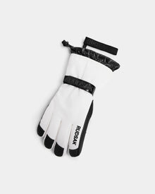 A pair of Rudsak APLEN - 6424505 Optic White insulated ski gloves with adjustable wrist straps and waterproof zippers, shown on a plain white background.