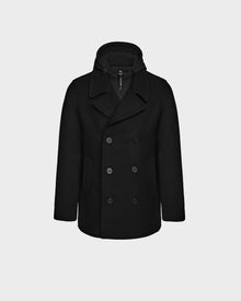 The ARTHUR - 6124521 Black peacoat by Rudsak, made from a premium wool blend, features a double-breasted design with peaked lapel, detachable zip-up hood, two side pockets, and six front buttons, shown on a plain light gray background.