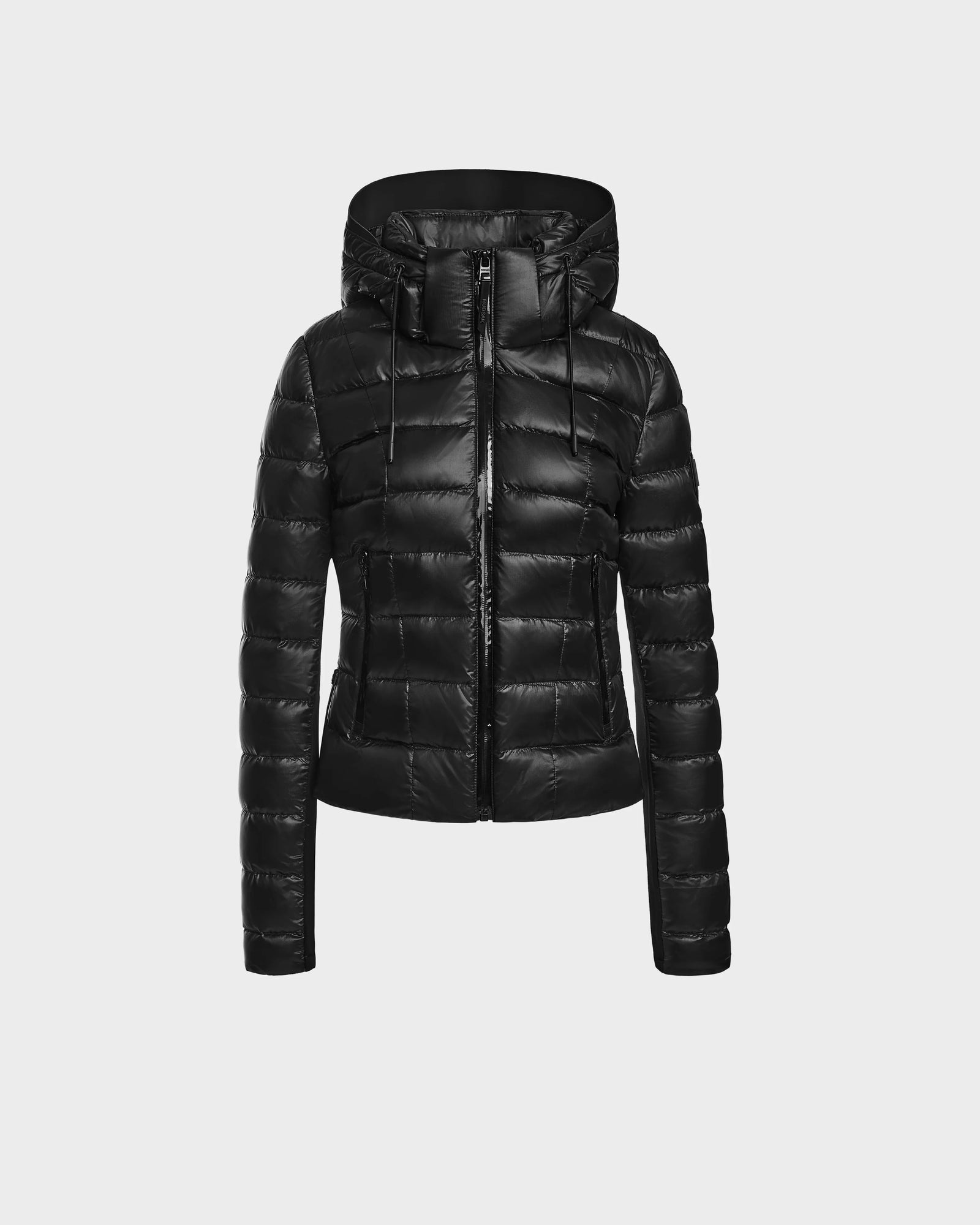 The MELISSA - 8121000 BLACK women’s puffer jacket features a hood, front zipper, drawstrings, horizontal quilting, and is made from RDS certified down. Shown in black against a plain light background.