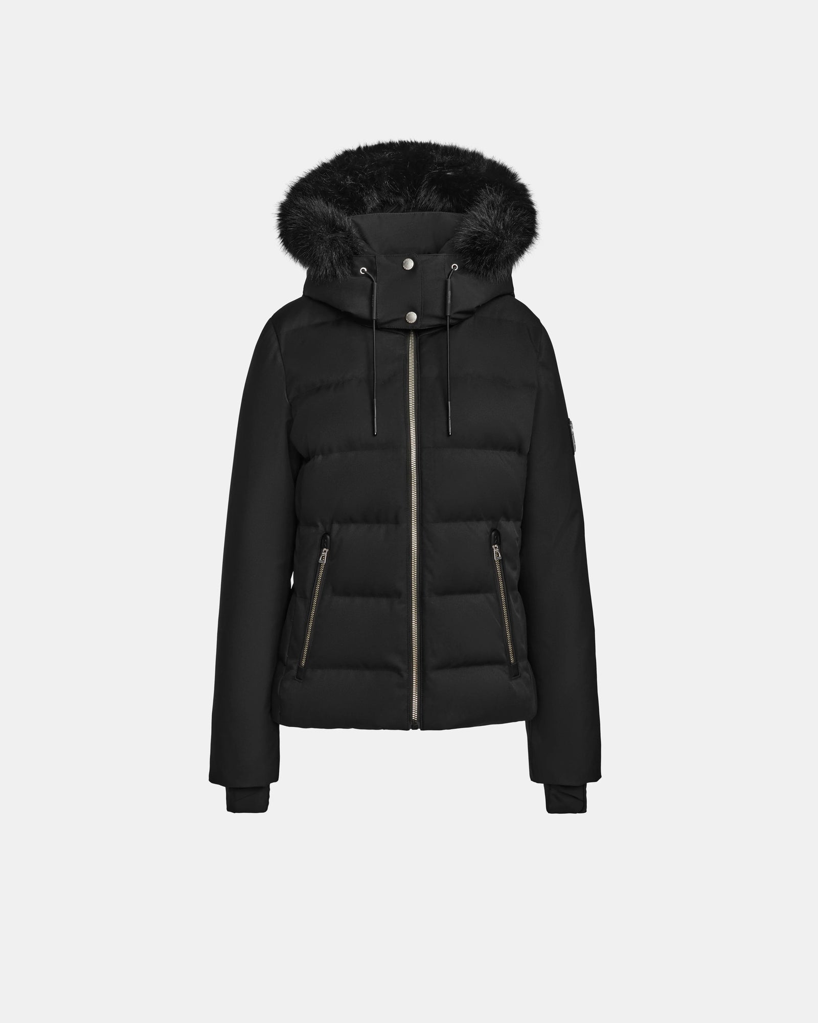 The Rudsak MIRRY M - L124533 Black women’s quilted down coat features a fur-lined hood, front zipper, two zippered pockets, and ribbed cuffs. Filled with RDS-certified down for warmth and style, it is displayed on a plain white background.