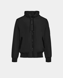 The Rudsak NEVEN - M124520 Black men’s bomber jacket features black vegan leather, a hood, front zipper, two zippered side pockets, and ribbed cuffs and hem, shown on a plain white background.