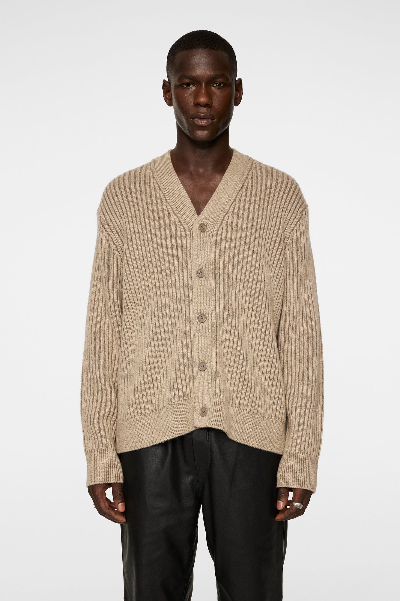 Men | Twin Plated Knit Cardigan | Tiger Brown