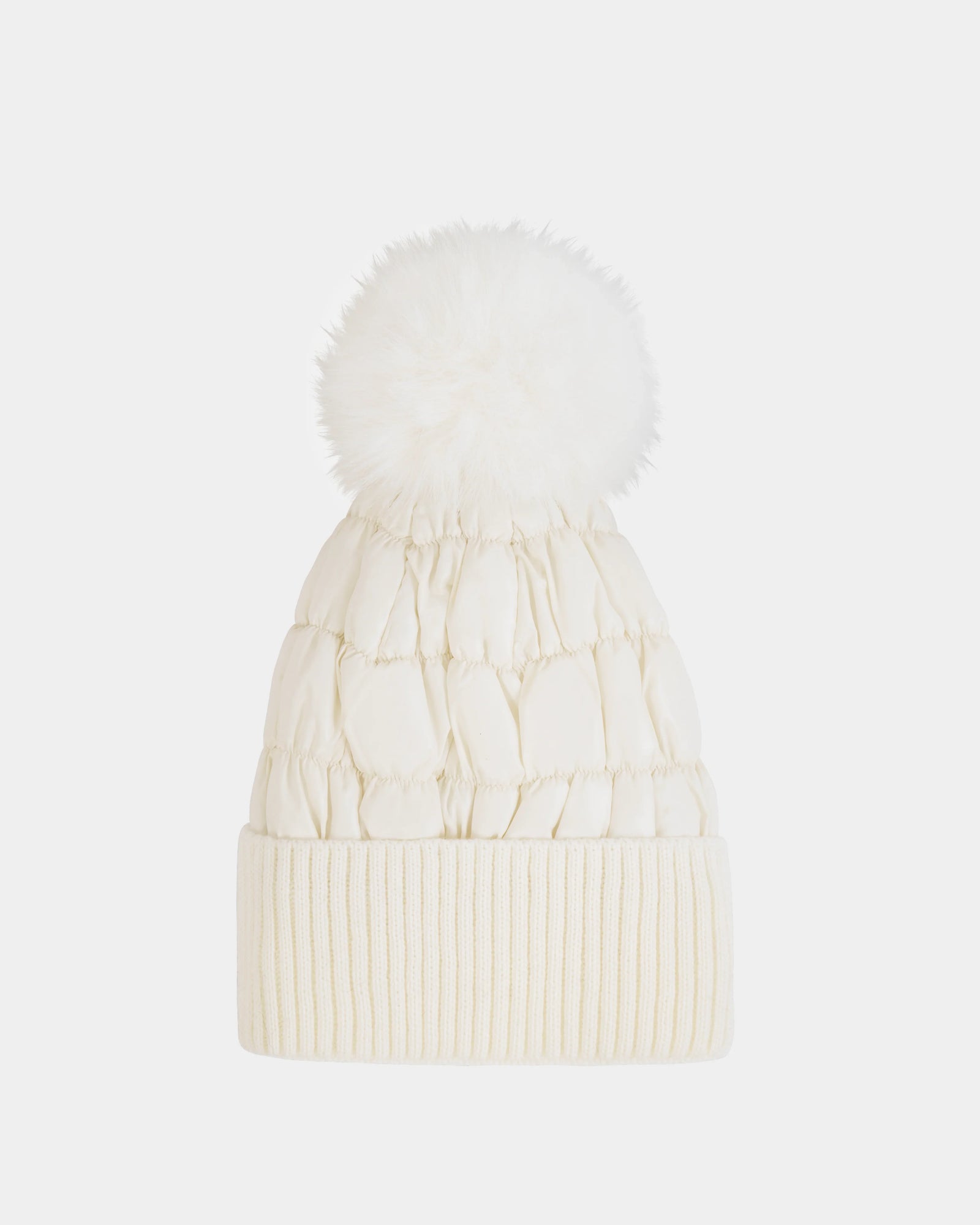 The LANYA - L423514 Iceland by Rudsak is a cream wool-blend knit women’s beanie with a ribbed cuff and large pom-pom, shown against a plain white background.