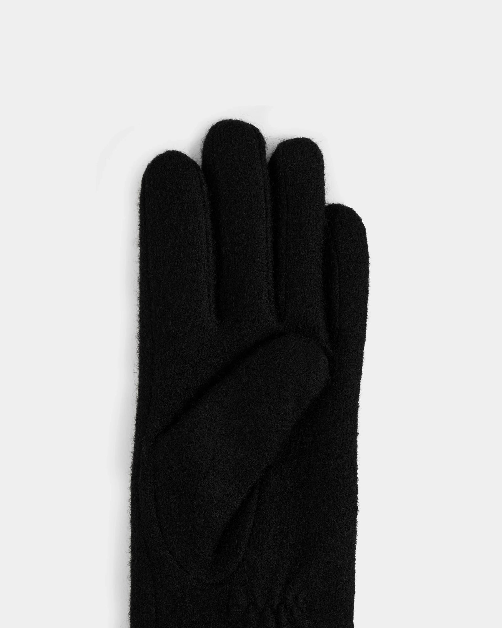 The Rudsak OLGA - L425541 Black women's wool gloves, lined with a luxurious wool-cashmere blend, are displayed with one glove flat and the other diagonally on top against a light gray background—an essential for cold weather.