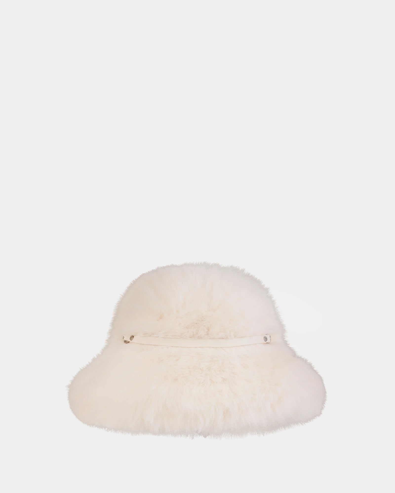 The Rudsak YURI - L425538 Iceland is a fluffy white faux-fur bucket hat with vegan-leather trim and a front zipper pocket, shown on a plain white background.