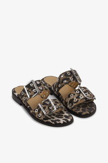 Feminine Buckle Two Strap Sandals in Denim | Leopard