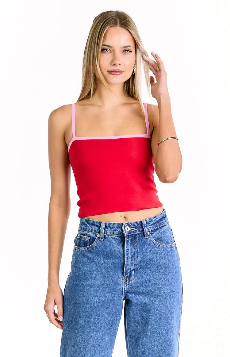 Florrie Contrast Knit Top | Red Pink