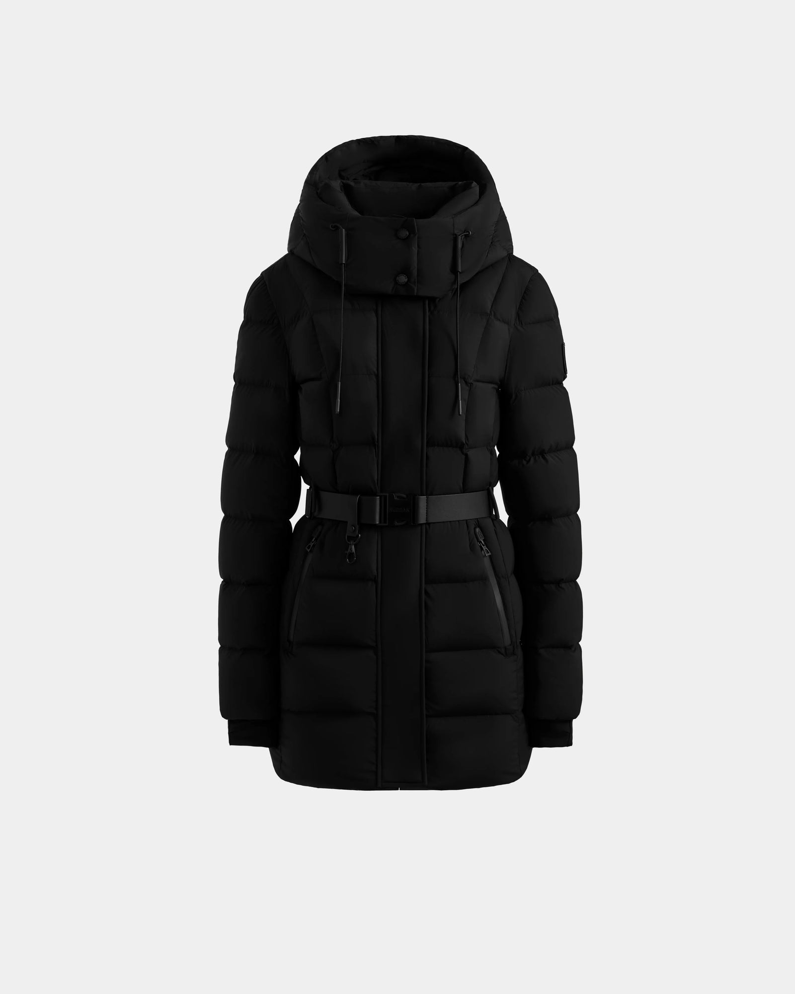 A winter essential, the Rudsak FRIDA M-M - L125607 Black women’s quilted down puffer coat features a detachable hood, front zipper, snap buttons, adjustable waist belt, and two zippered pockets on a light gray background.