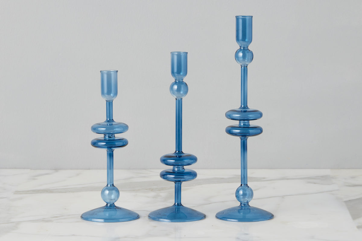 Glass Candlestick | Sapphire | Medium | Set of 2