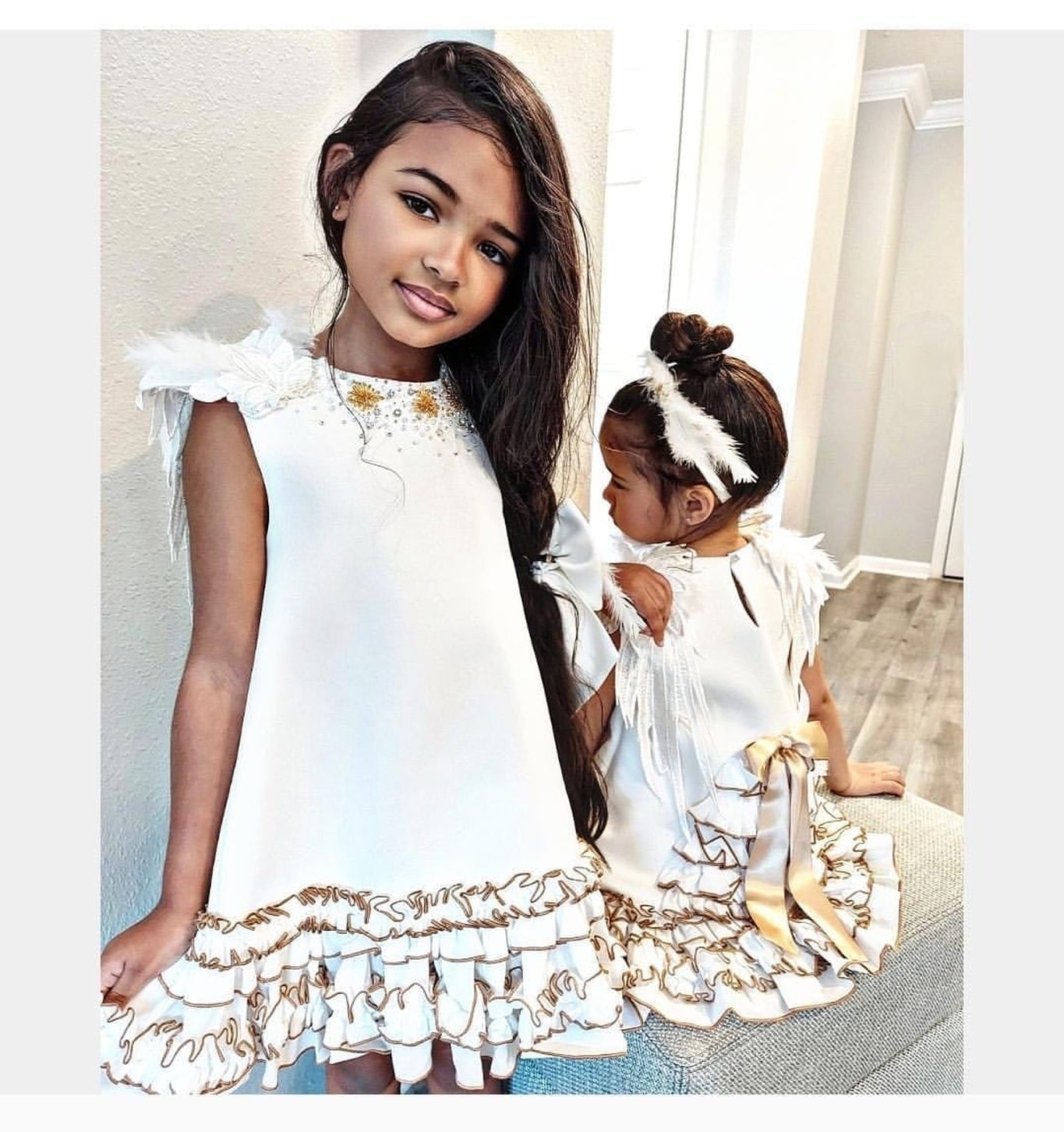 Girl | Angelina Feather Wings Dress | White x Gold