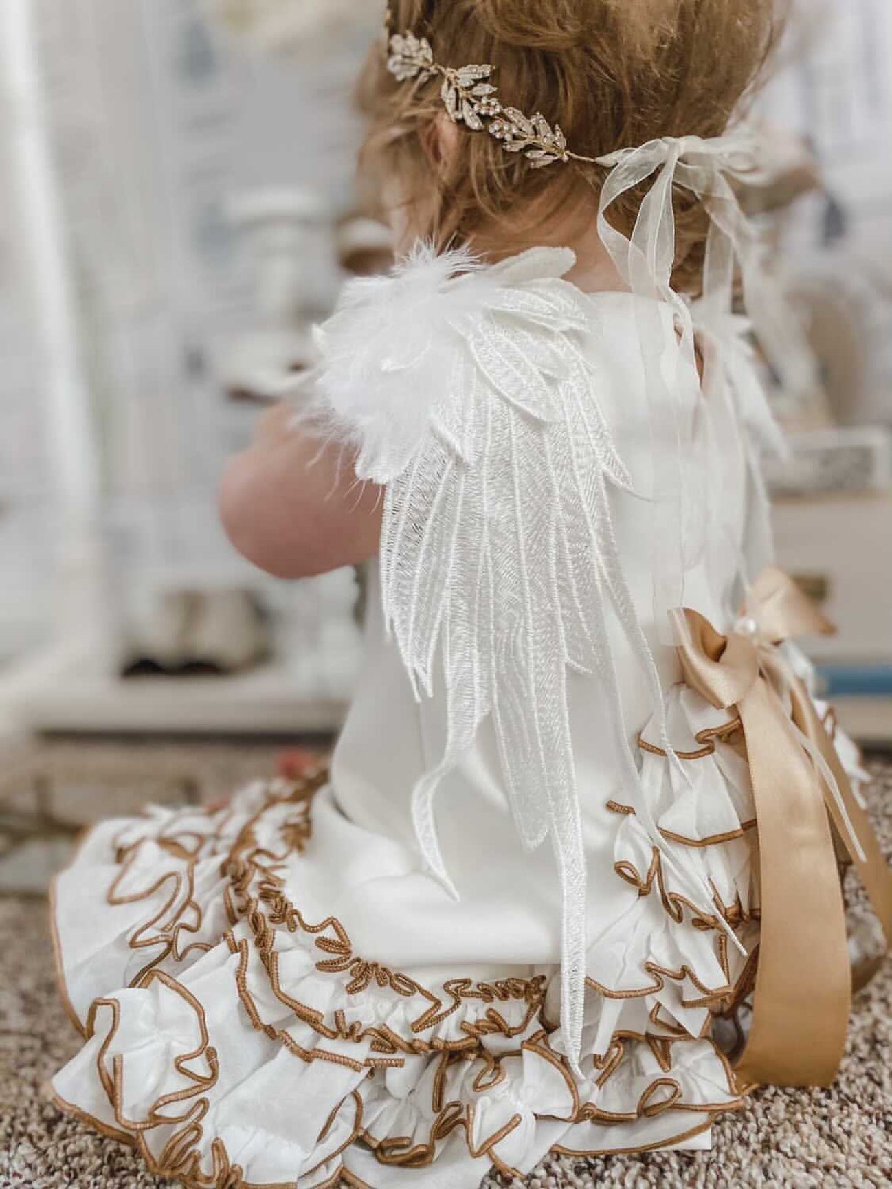 Girl | Angelina Feather Wings Dress | White x Gold
