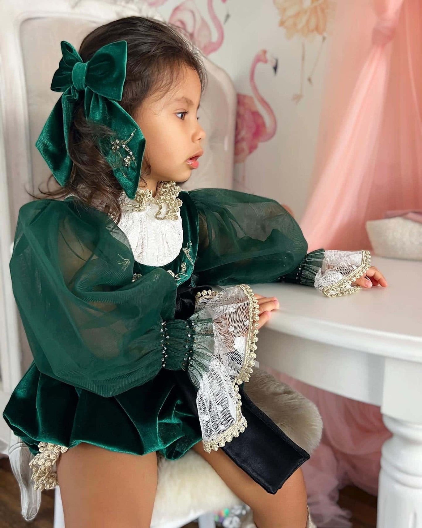 Girl | Aurora Royal Green Velour Romper