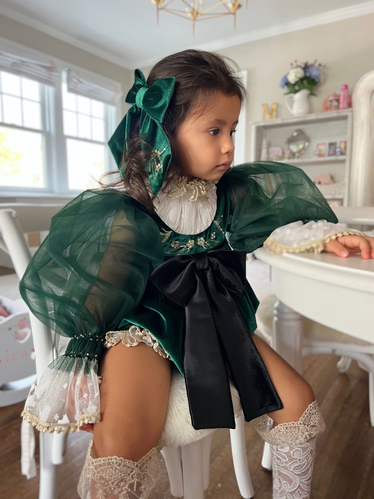 Girl | Aurora Royal Green Velour Romper