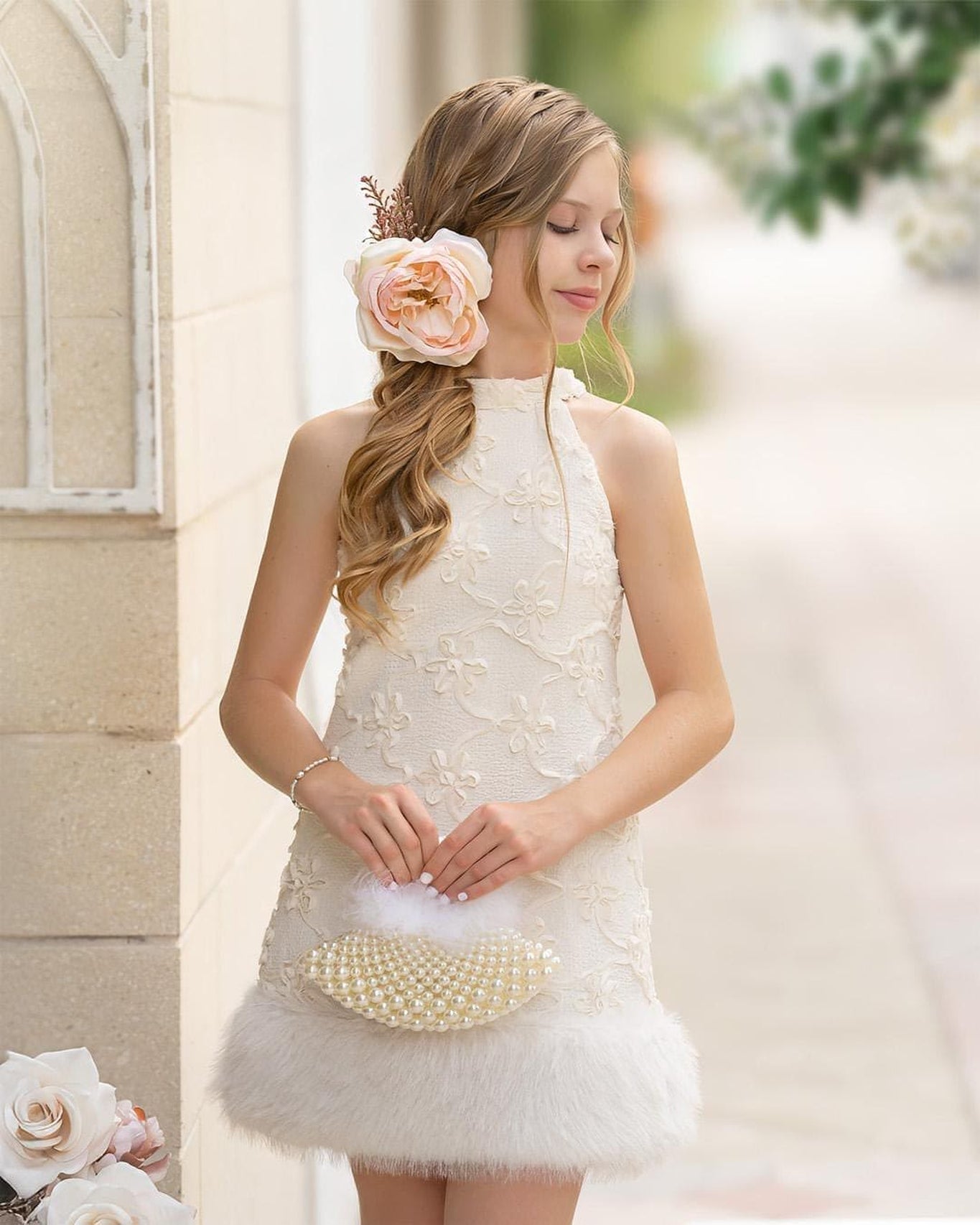 Girl | Ava Ivory Flower Faux Fur Dress