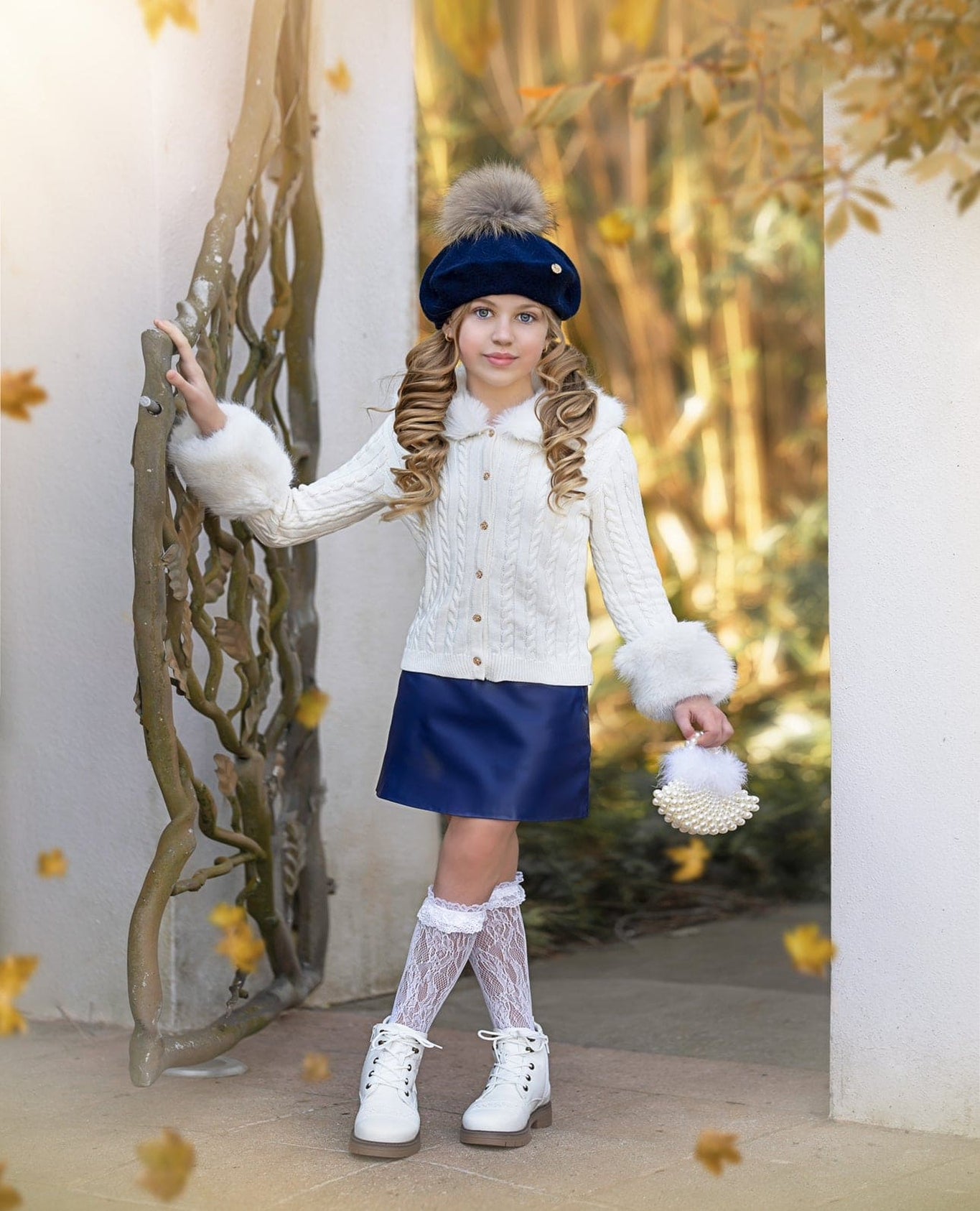 Girl | Cableknit Faux Fur Cotton Cardigan | White