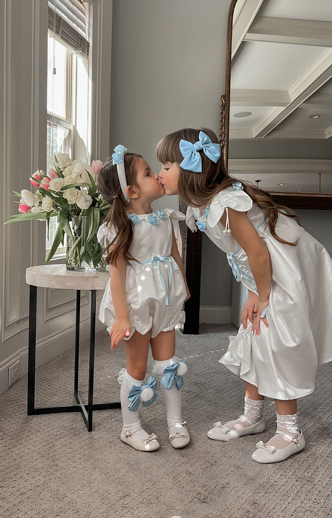 Girl | Daphne Satin Romper with Embroidery | White x Blue